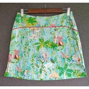 FL Malik Women Blue Tropical Beach Print Cotton Stretch A-Line Mini Skirt Size 6